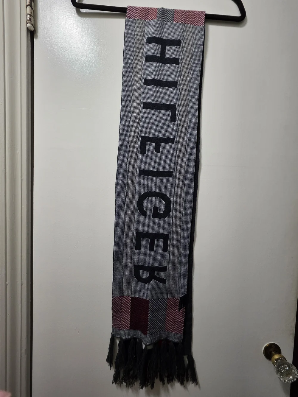 Tommy Hilfiger Blue Logo Scarf with Red & White Blocks